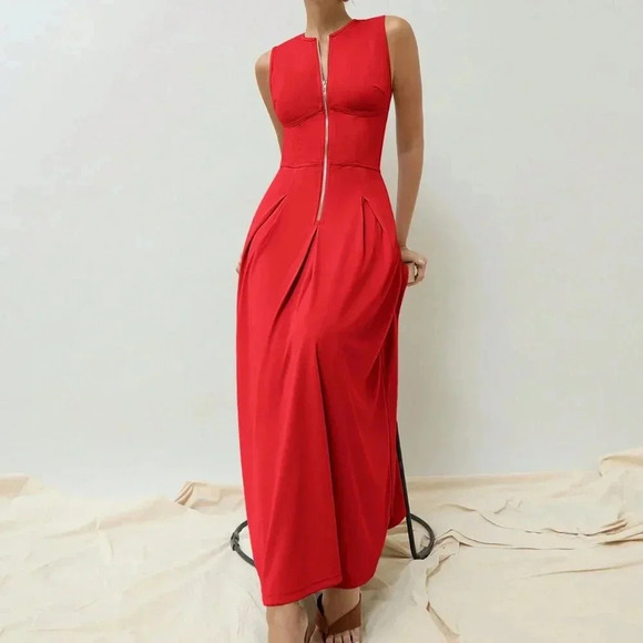 Dresses & Skirts - Red Elegant Women's Casual Sleeveless Gold Zipper Waist Gathered Long Dress